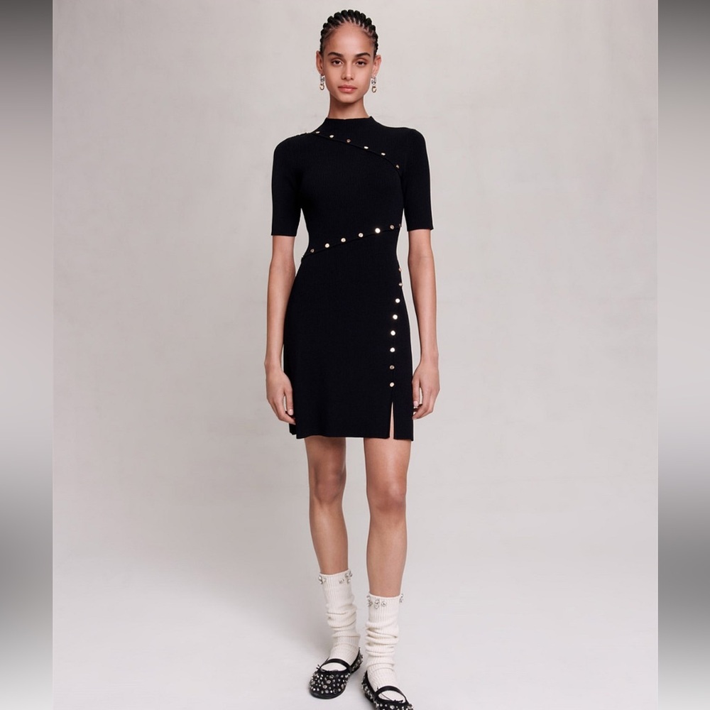 Maje Rellier Black Sweater Dress Gold Buttons